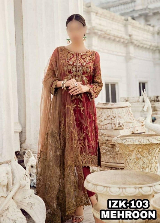 IZNIK NET MAROON PARTY WEAR - H FASHION VILLAS